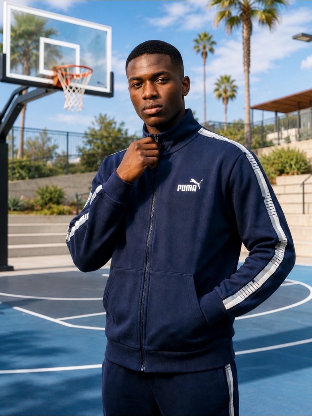 Puma Men’s Navy Fleece Lined Track Jacket XL Tape Sleeves Vintage and Classic